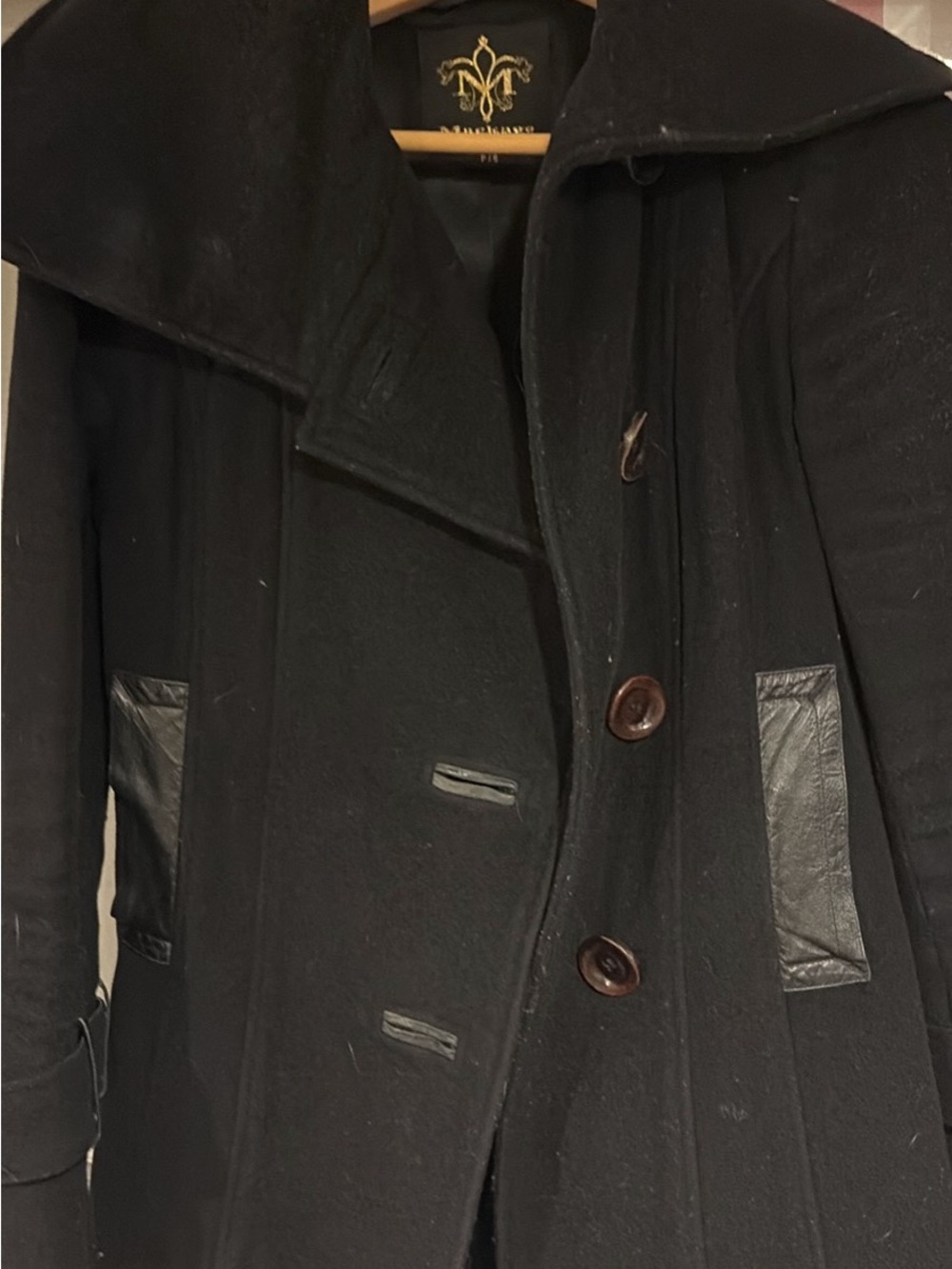 Mackage Black Wool Pea Coat with Leather Trim